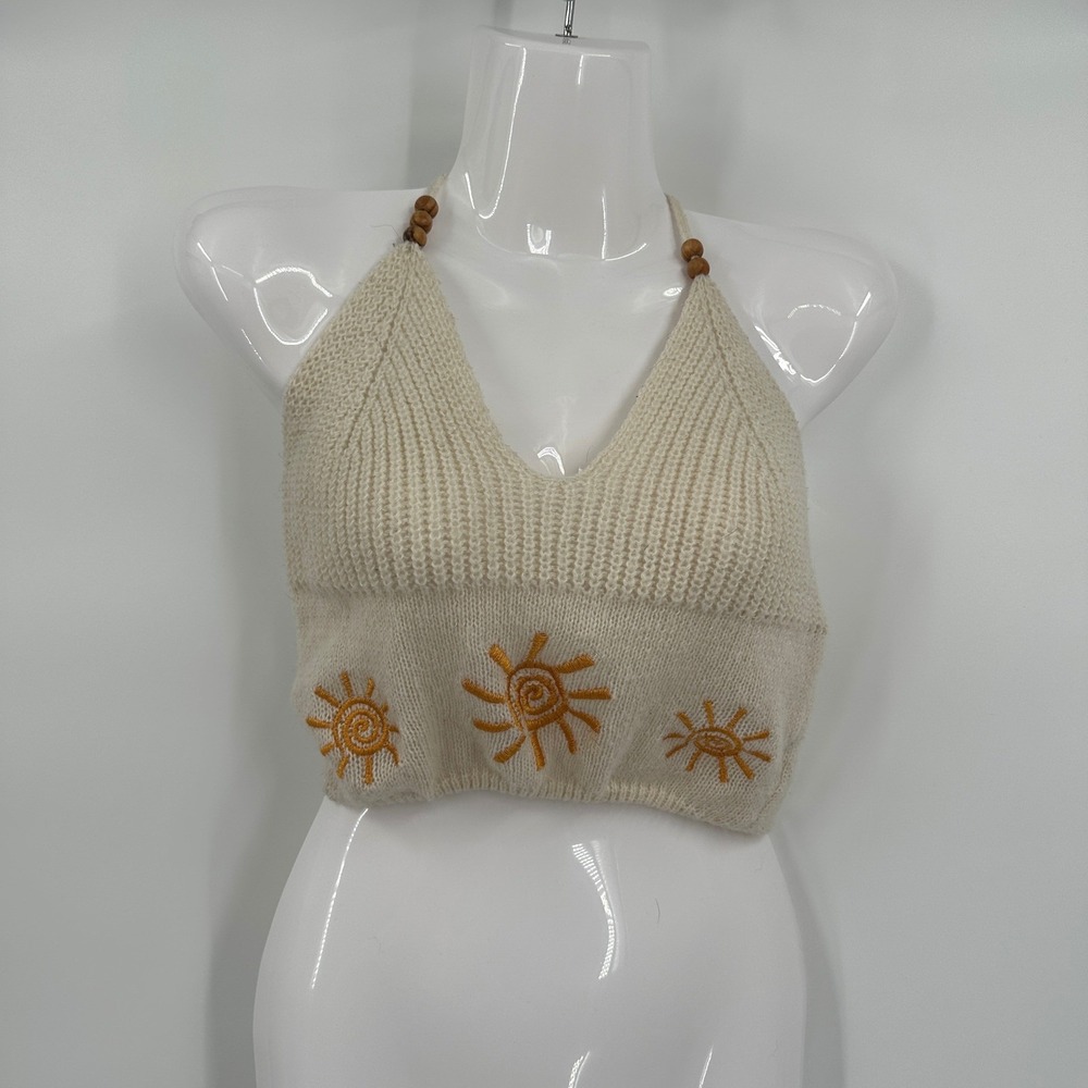Womens Boho Celestial Knit Crop Top Size XS Festival Hippie Earthy Indie Crochet